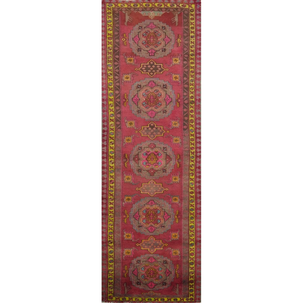 Hand Knotted Oriental 100% Wool Carpet Traditional Geometric Pink Heriz Runner Rug - 12' 10'' X 3' 2''