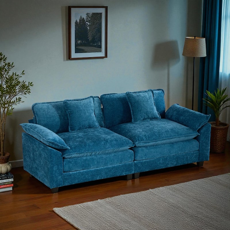 Modern Chenille Loveseat with Wide Armrests, Modular Small Couch for Living Room & Apartment, Double-Layer Cushion Comfort - Blue