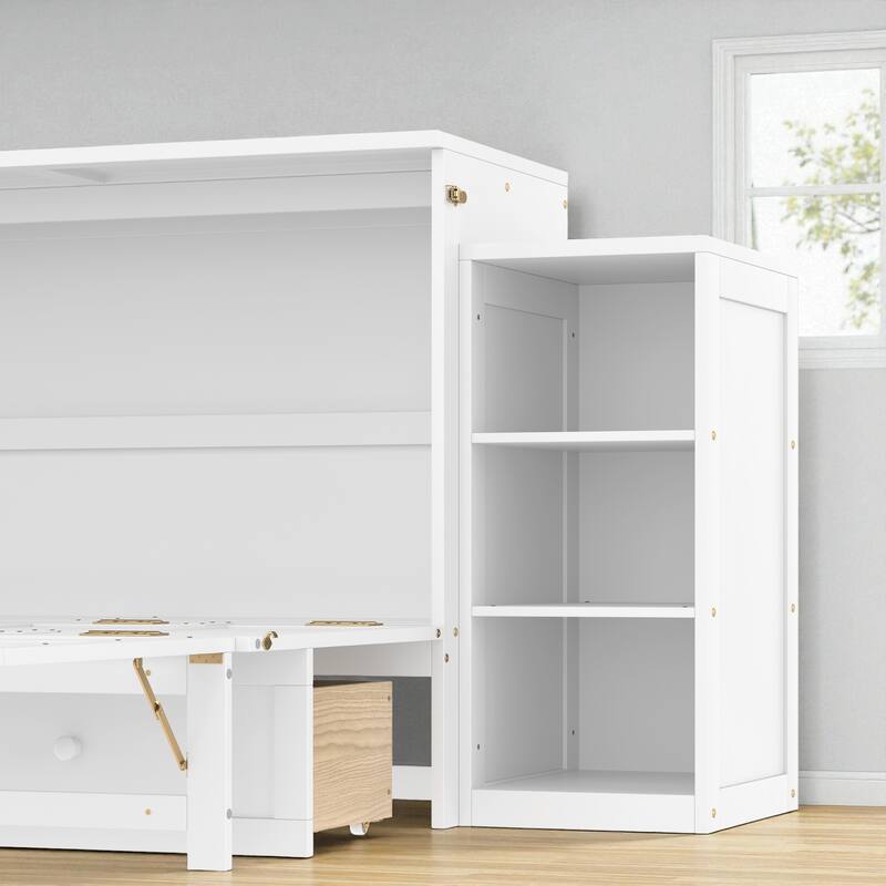 Full/Queen Size Murphy Bed with Storage Drawers and Shelves, Space-Saving Foldable Wall Bed for Guest Room