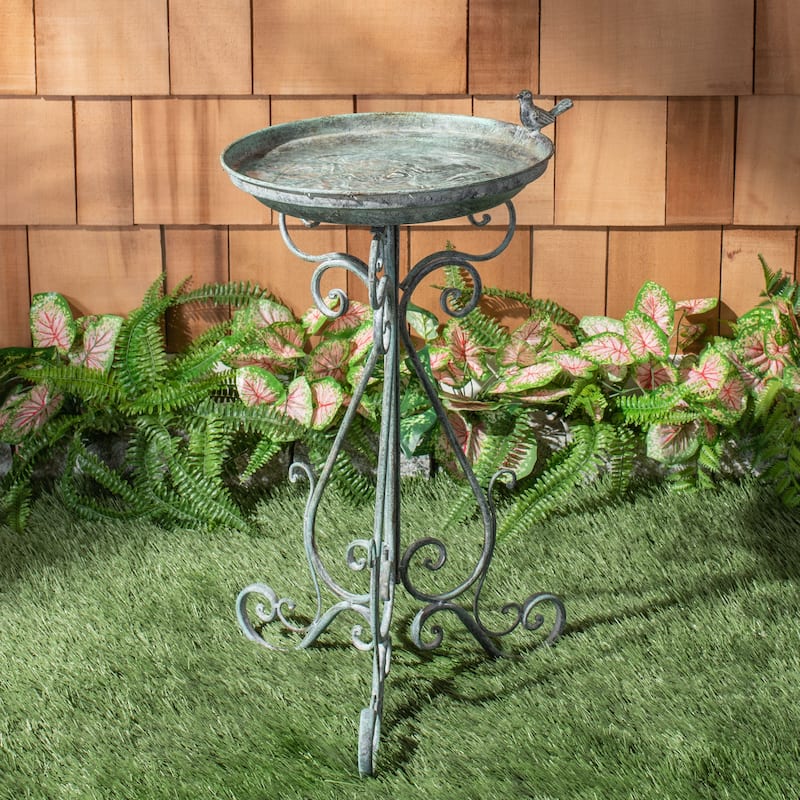 SAFAVIEH Outdoor Amya Victorian Scroll Iron Bird Bath - 16.5" W x 14.6" L x 29.1" H - 17"W x 15"D x 29"H - Green