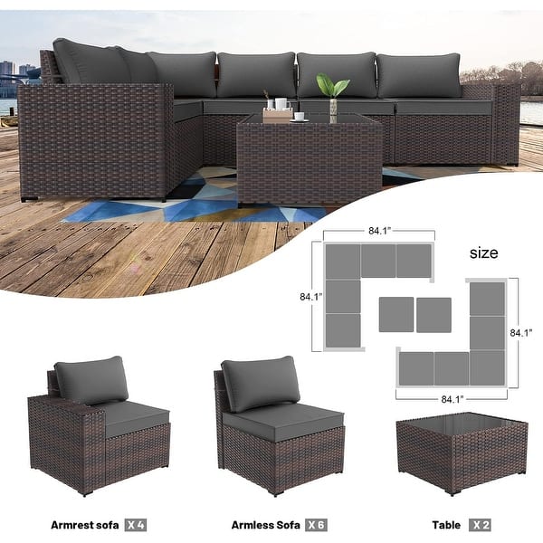 dimension image slide 4 of 5, Kullavik 12 Pieces Outdoor Patio Furniture Set Sectional Rattan Sofa Set with Tempered Glass Table