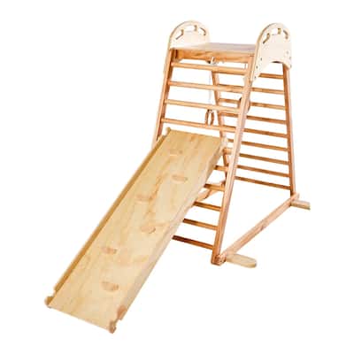 Original Wood 4 in 1 Indoor Playground Jungle Gym for Kids with Slide Climbing Rock Wooden Ladder Gym Rings and 220 lbs Capacity