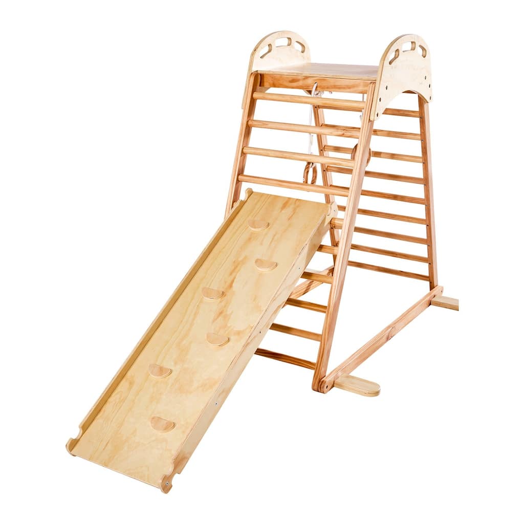 Original Wood 4 in 1 Indoor Playground Jungle Gym for Kids with Slide Climbing Rock Wooden Ladder Gym Rings and 220 lbs Capacity