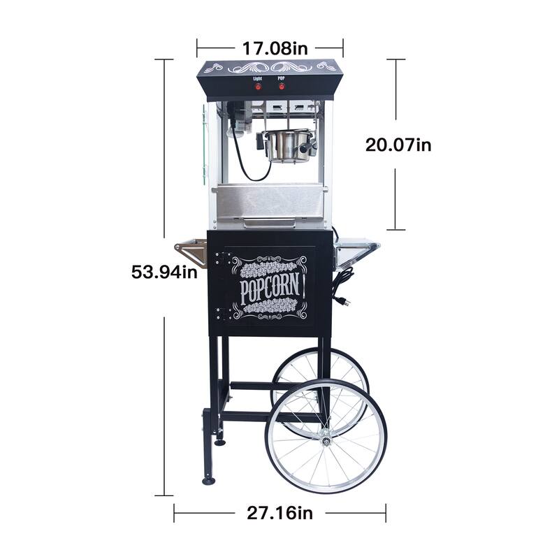 8oz Popcorn Machine with Cart, Stainless Kettle and Warming Deck