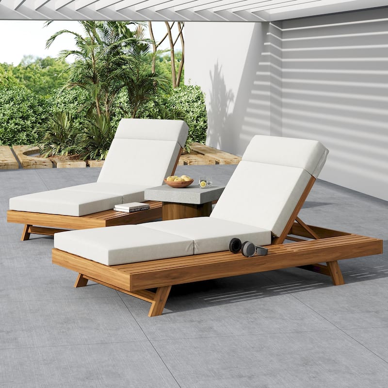 One-sided Open Storage Lounge Chairs Outdoor Patio Acacia Wood Chaise Lounge with Adjustable Backrest & Water-repellent Cushions