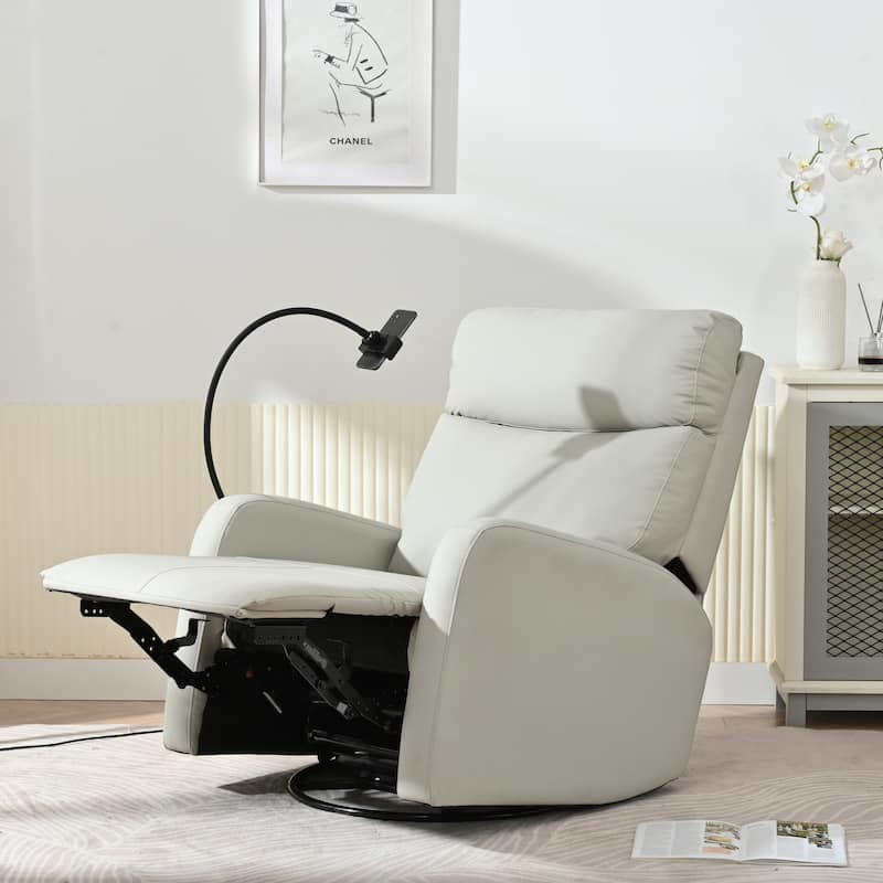 Grey 360° Swivel Rocking Recliner with Phone Holder, Footrest, Adjustable Recline for Living Room & Home Theater