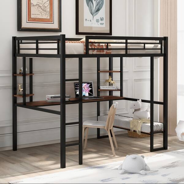slide 2 of 12, Black Full Size Metal Loft Bed with Long Desk and Shelves for Kids, Boys and Girls Black