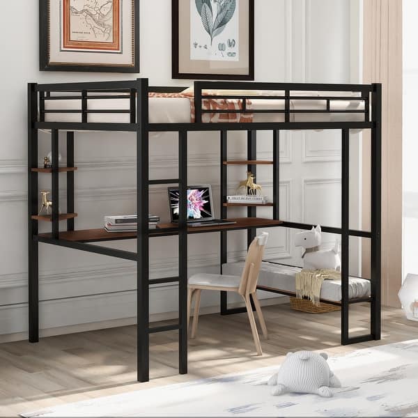 slide 2 of 12, Full Size Metal Loft Bed with Long Desk and Shelves Black