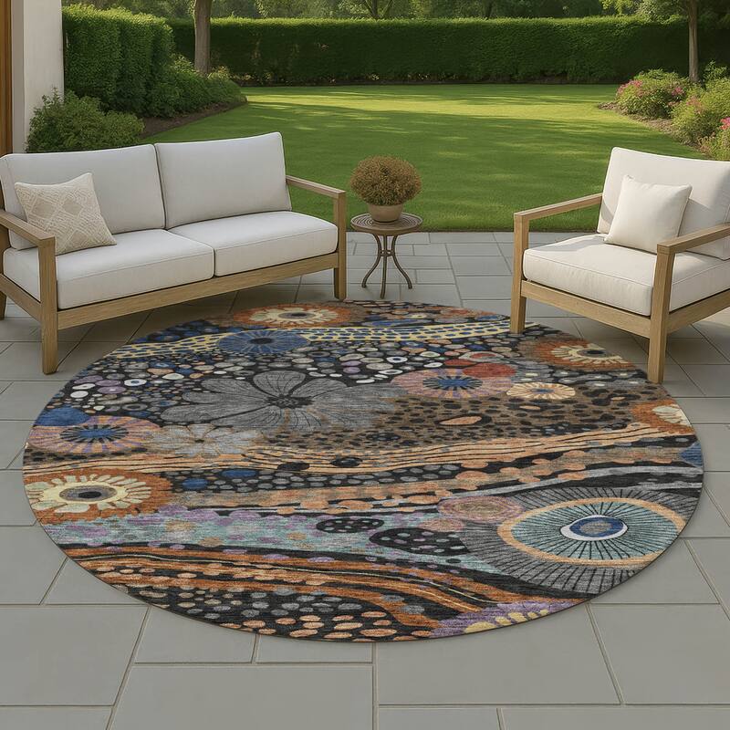 Machine Washable Indoor/ Outdoor Whimsy Floral Chantille Rug - Black - 8' x 8'