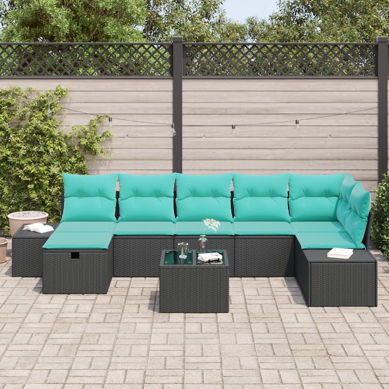 vidaXL 7/8 Garden Sofa Set with Cushions Black/Brown/Grey Poly Rattan - 125.6 x 60.6 x 27.2