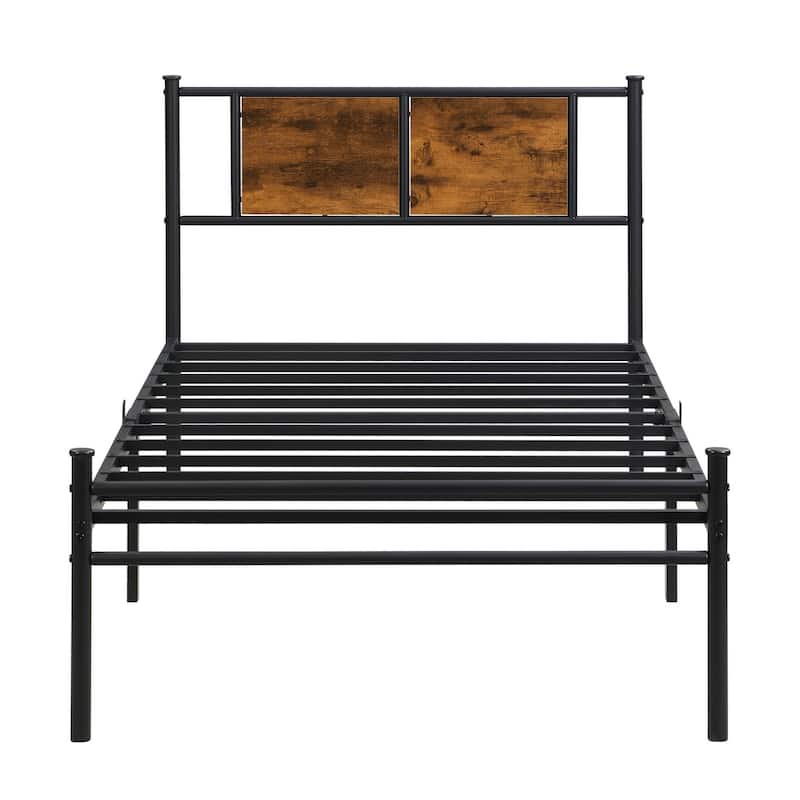 Metal Platform Bed with Wood Panel Decoration Headboard