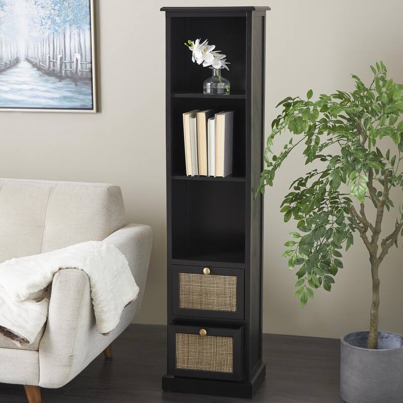 Wood 2 Drawer and 3 Shelf Cabinet with Rattan Front - Black - Roche River Decor