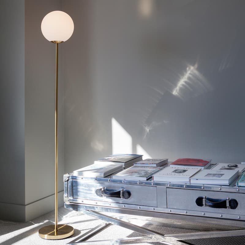 Brightech Luna 65 in. Antique Brass Modern LED Super Bright Floor Lamp with Frosted White Glass Globe Shade