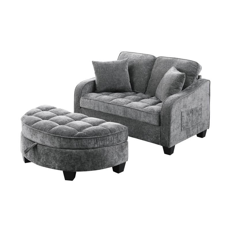 Roomfitters Two-Seater Sofa Chaise with Storage Ottoman, Irregular Armrests and Backrest, Upholstered Sofa with Pillows
