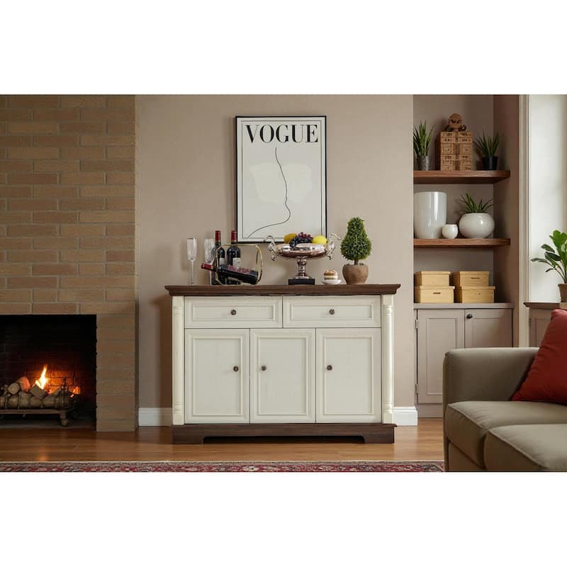 47" Farmhouse Style Kitchen Sideboard Buffet Cabinet with Drawers and Doors, Wooden Coffee Bar Storage Console for Dining - Walnut White