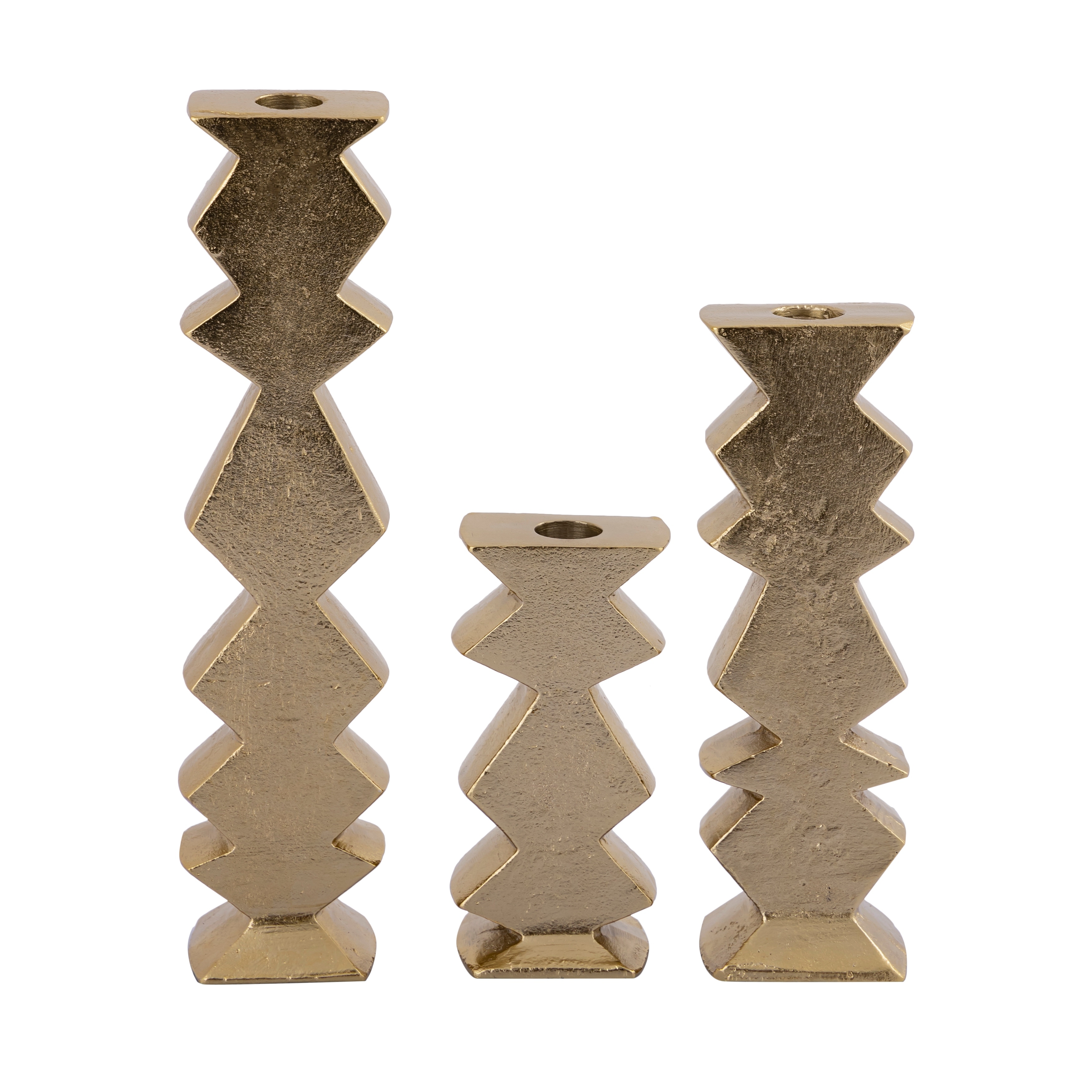 Atlas Zig Zag Set of 3 Tapered Candle Holder - Aged Brass - 12 inch H