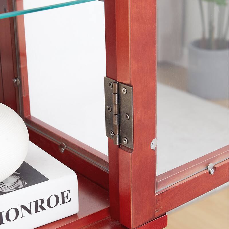 Lighted Glass Display Cabinet with Adjustable Shelves, Wood Frame and Six-Tier Design, Bulb Included