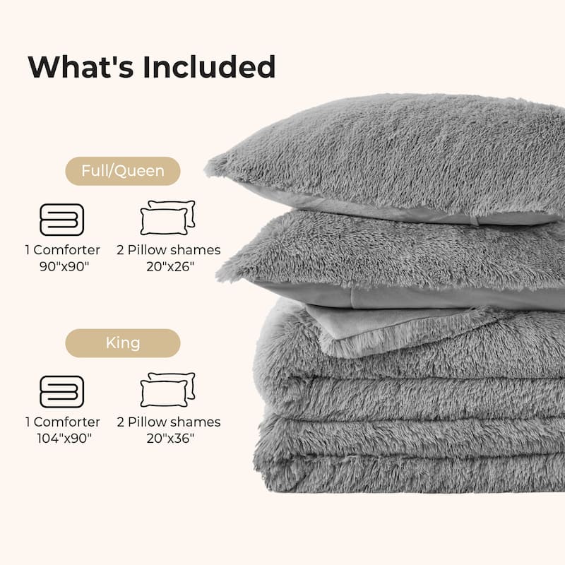 Fluffy Shaggy Reversible Faux Fur Comforter Set, Fuzzy Plush Bedding Set