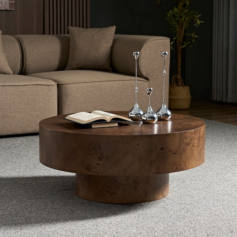 31.49" Round Coffee Table with Burl Wood Veneer, Sturdy Pedestal for Living Room, Modern Low Center Table Accent Cocktail Table