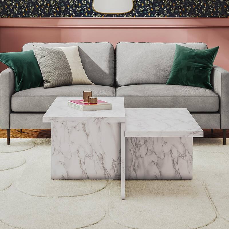 Roomfitters Brielle Square Two-Tier Coffee Table with Faux Marble Finish, Modern Design, White