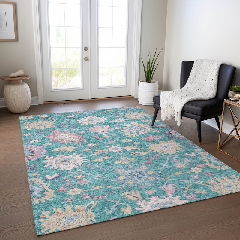 Machine Washable Indoor/ Outdoor Causal Traditional Chantille Rug - Teal - 9' x 12'