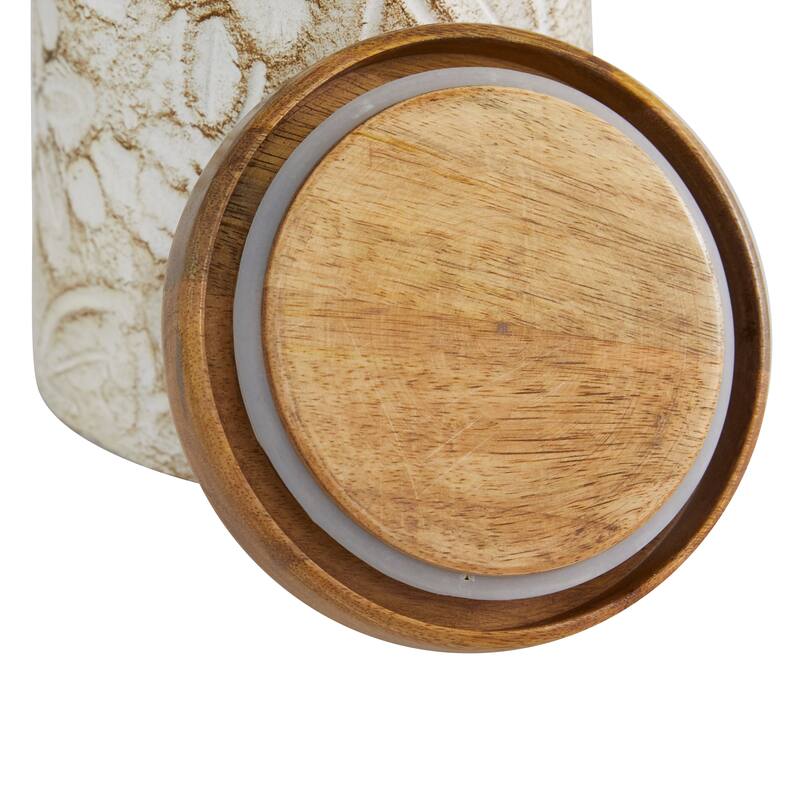 White Ceramic Handmade Intricately Carved Living Room Decorative Jars with Wood Lids (Set of 2)
