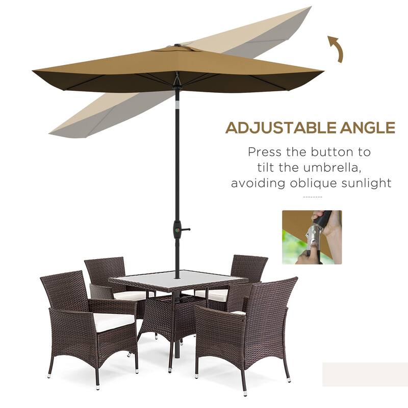 6.5' x 10' Rectangular Market Umbrella, Patio Outdoor Table Umbrella with Crank and Push Button Tilt, Coffee