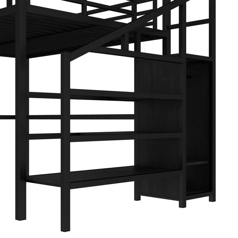 Roomfitters Queen Size Metal Loft Bed with L-Shaped Desk, USB Ports, LED Lighting & Adjustable Shelves, Black