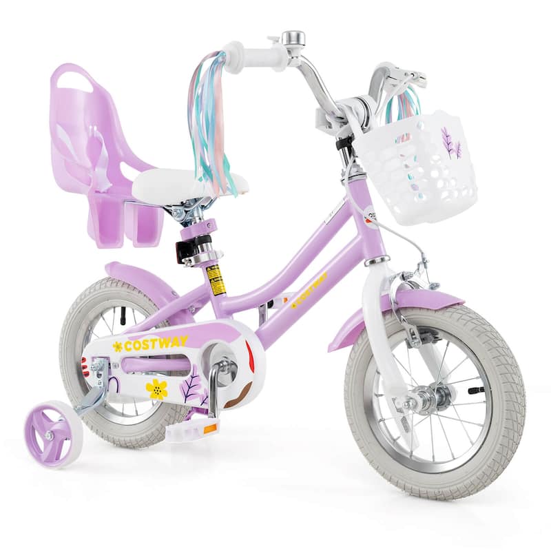 Costway 16" Kids Bicycle with Basket Doll Seat Colorful Streamers - See Details - 12" Purple