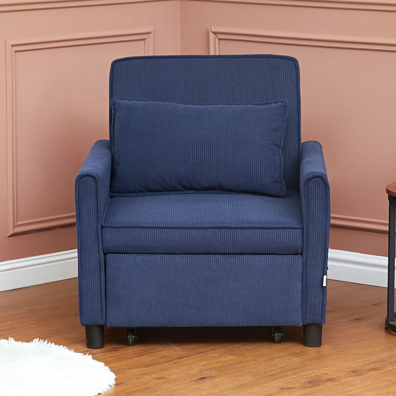Blue Corduroy Chair Bed 3 in 1 Convertible Recliner Lounge Chair Sofa Bed with Padded Mattress and Pillow