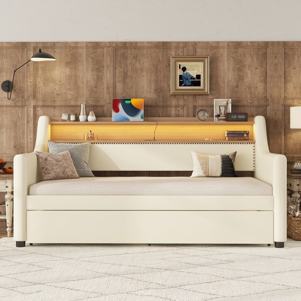 Twin Size Upholstered Daybed with Trundle and Storage Headboard, Twin Sofa Bed Frame with Charging Station and LED Lights