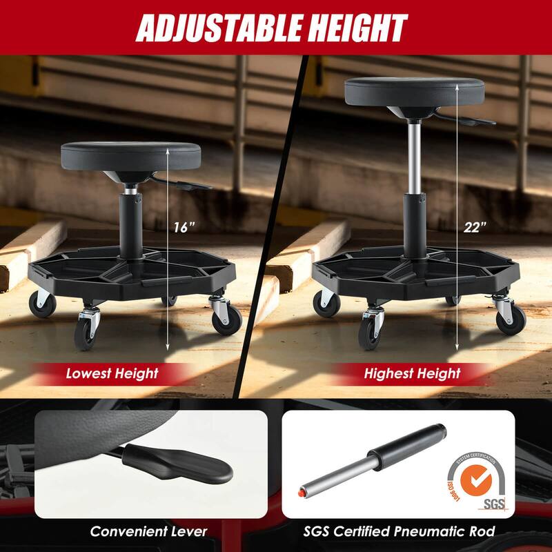 Costway Heavy-Duty Adjustable Height Rolling Stool with Tool Tray - See Details