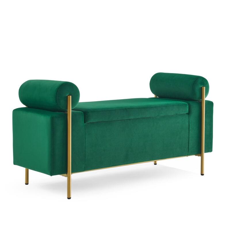 Linen Upholstered Storage Bench with Cylindrical Arms and Iron Legs for Living Room Bedroom