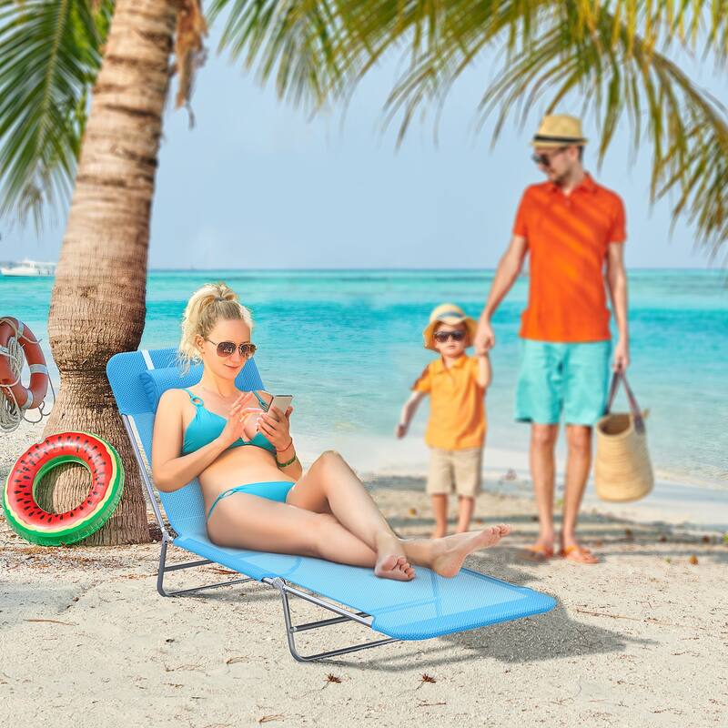 Folding Outdoor Chaise Lounge Chair with Adjustable Backrest and Pillow for Patio Poolside or Beach