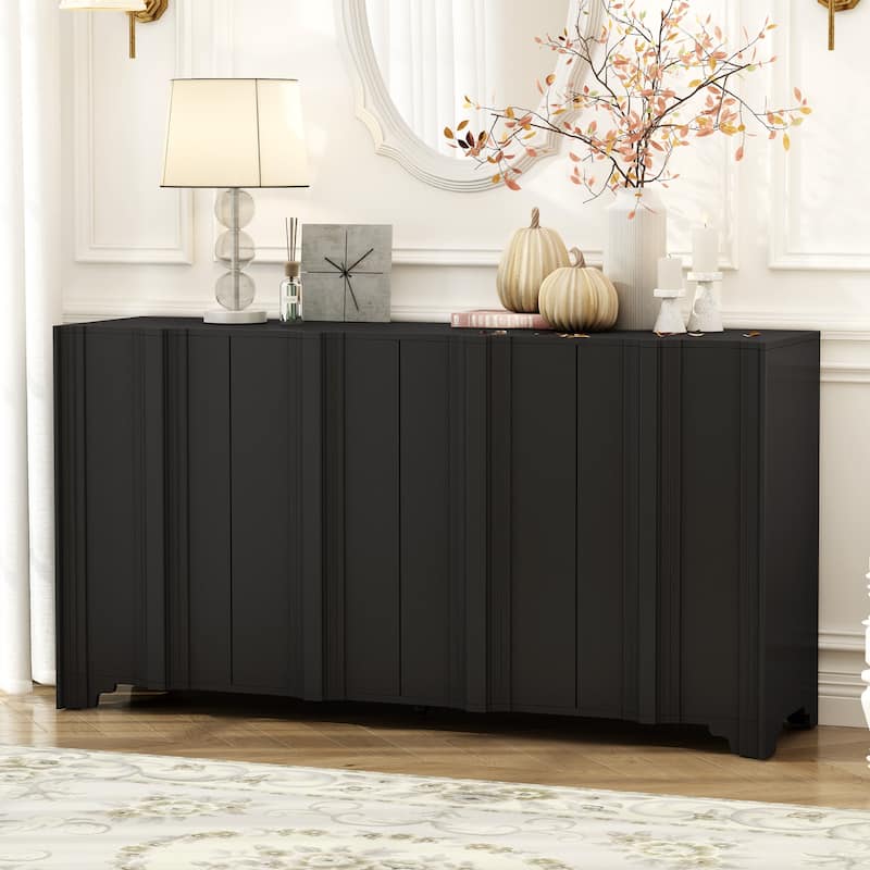 Roomfitters 4-Door Sideboard Buffet Cabinet with Textured Panel Design, Modern Storage Console for Living Room - Black