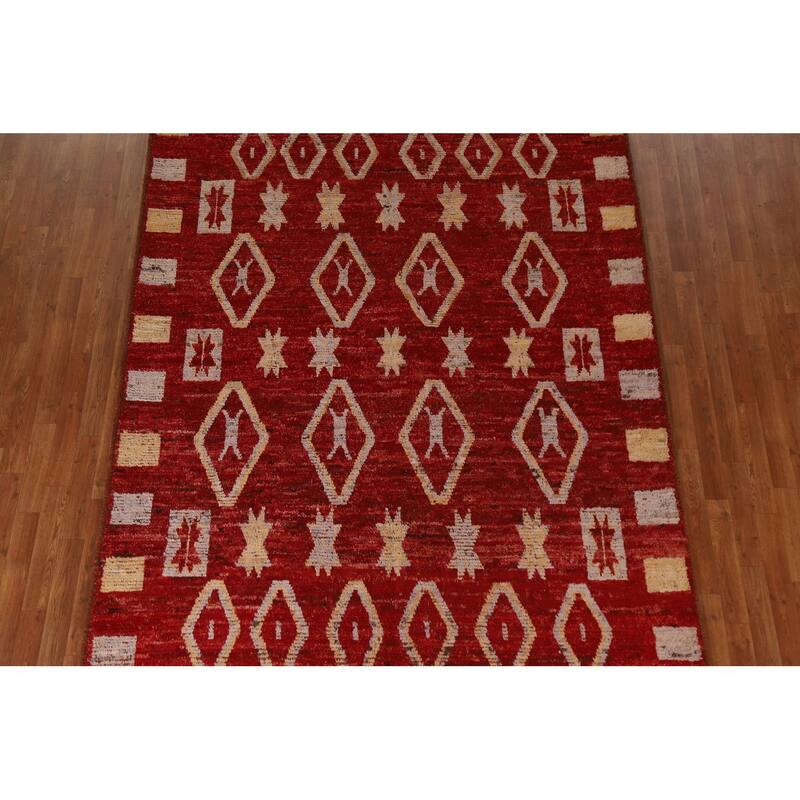 Hand Knotted Oriental 100% Wool Carpet Modern Tribal Red Moroccan Area Rug - 9' 8'' X 6' 10''