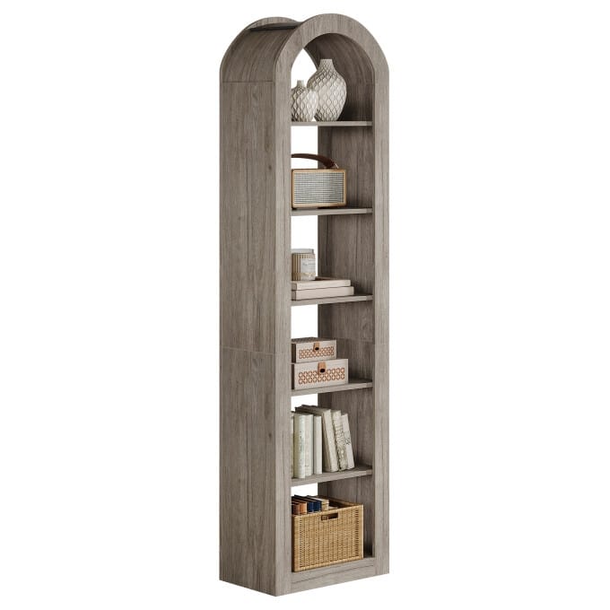 6-Tier Wooden Tall Bookshelf, 74.8 Inches Rustic Arched Bookcase