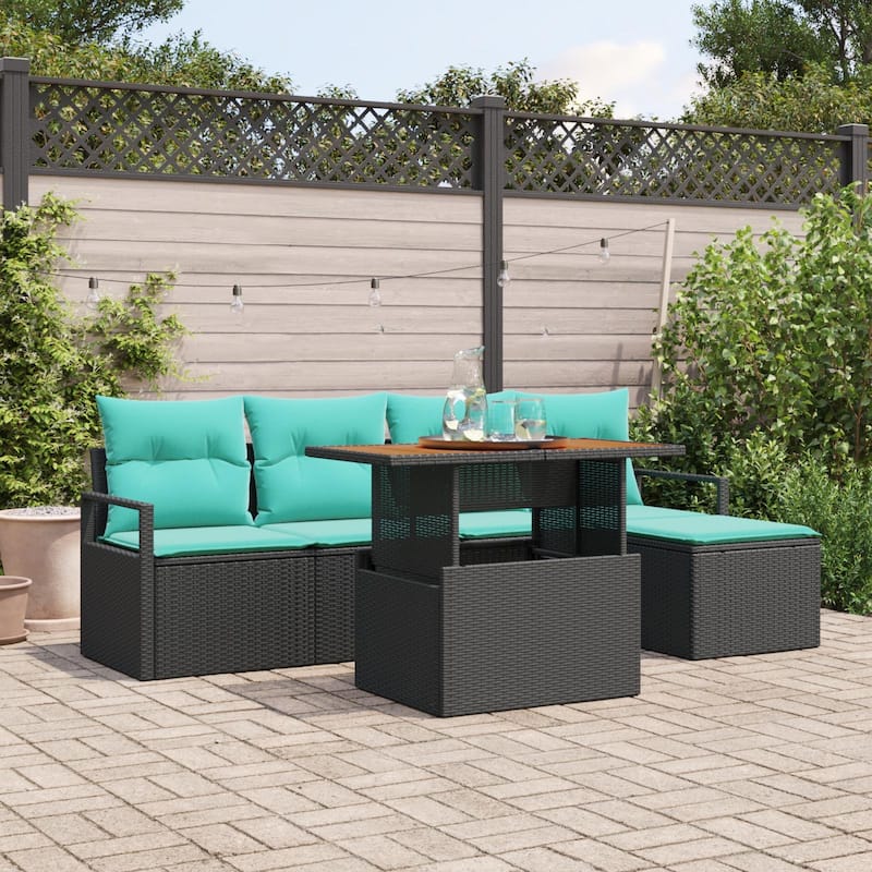 vidaXL 6 Piece Garden Sofa Set with Cushions Black Poly Rattan - 90.6×46.1×27.2