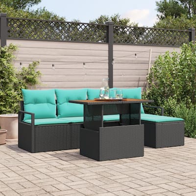vidaXL 6 Piece Garden Sofa Set with Cushions Black Poly Rattan - 90.6×46.1×27.2
