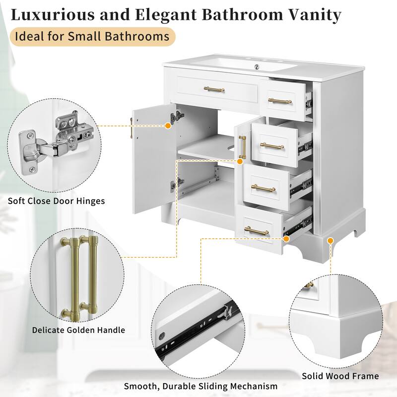 36" Bathroom Vanity with Ceramic Sink, 4 Soft-close Drawers, 1 Adjustable Shelf , Modern Design, Solid Wood Frame