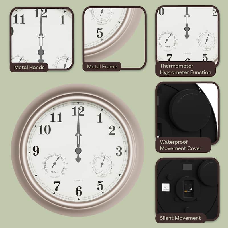 Indoor Outdoor Clock Thermometer Combo - 18-Inch Waterproof Outdoor Wall Clock with Temperature and Humidity by Nature Spring
