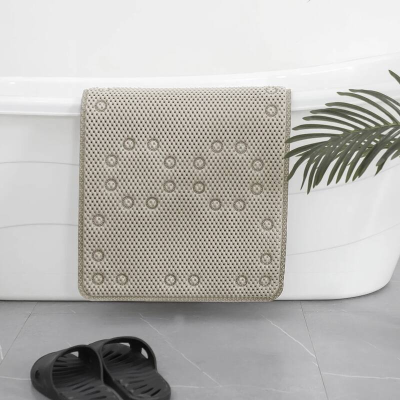 Extra Thick Long Beige Non-Slip Foam Bathtub Shower Mat With Suction Cups Fast Drying - 36" x 17"