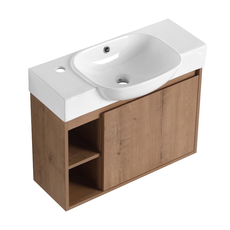 26'' Wall-Mounted Bathroom Vanity with White Ceramic Sink & Soft-Close Door - Imitative Oak