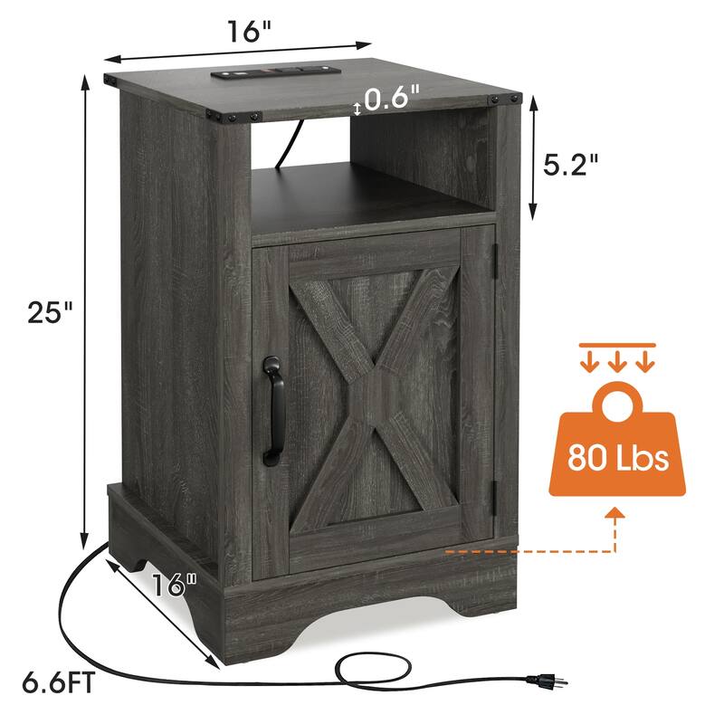 Rustic Farmhouse Nightstand with Charging Station, Dark Gray, Ample Storage