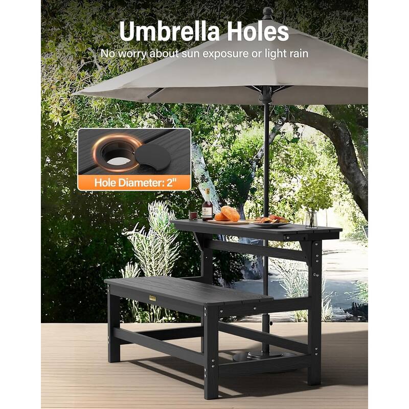 WINSOON All Weather HIPS Outdoor Convertible Bench Picnic Table with Umbrella Hole