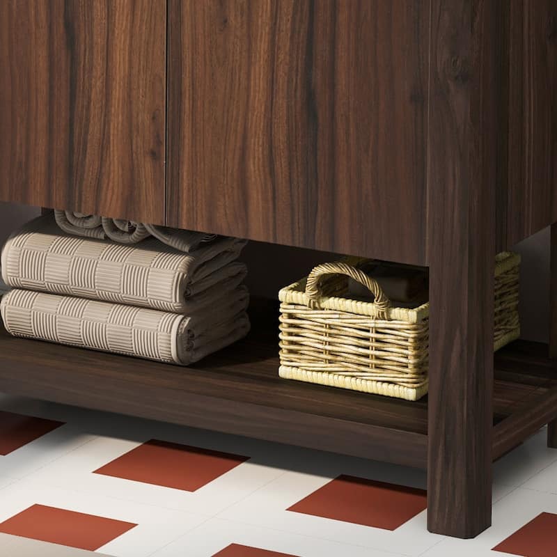 Bathroom Vanity with Ceramic Sink, Bathroom Cabinet with Soft-Closing Doors, Freestanding Cabinet with Open Shelf
