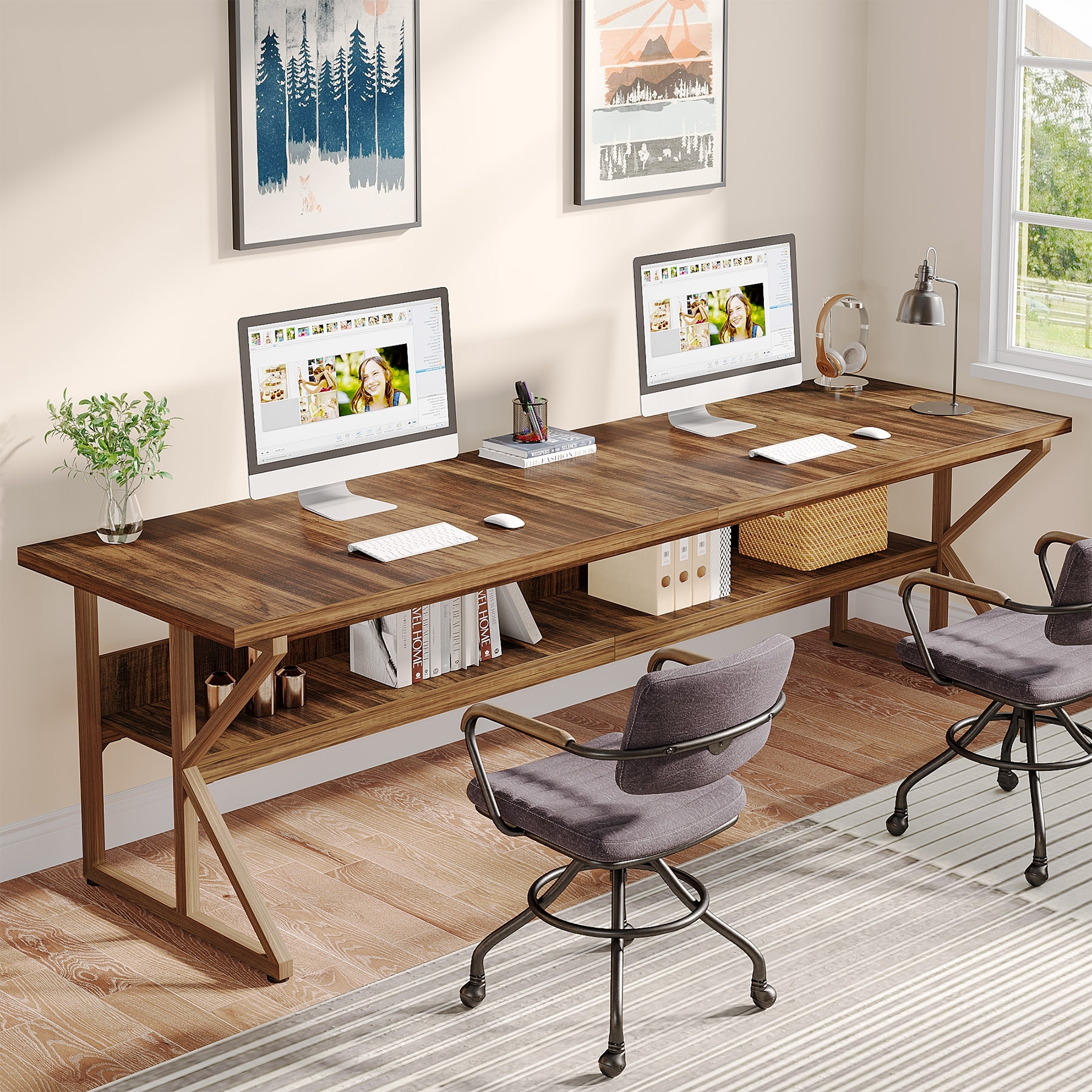 78 Inch 2 Person Desk Long Desk with Storage Shelf Large Computer Desk Double Desk Brown