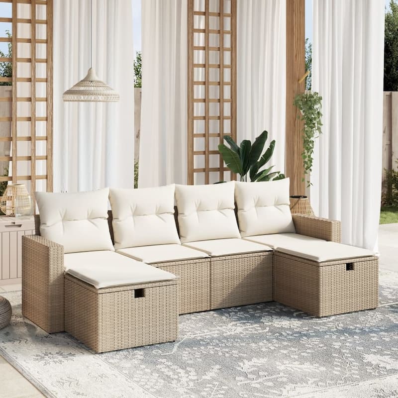 vidaXL Patio Sofa Set with Cushions Outdoor Furniture 6 Piece Poly Rattan - Beige and cream Large