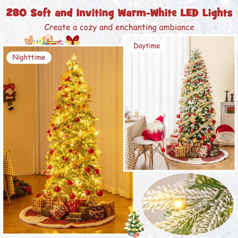 Gymax 6/7.5/9 FT Pre-Lit Artificial Christmas Tree Snow Flocked Hinged