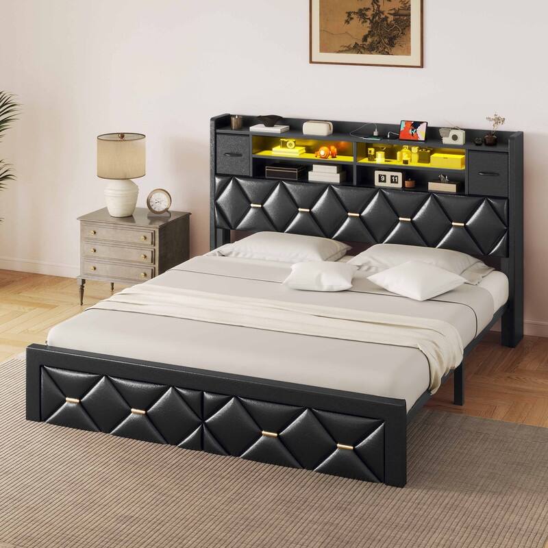 Moasis Upholstered Bed Frame with Storage Headboard And Charging Station and LED Light - Black PU Leather - King